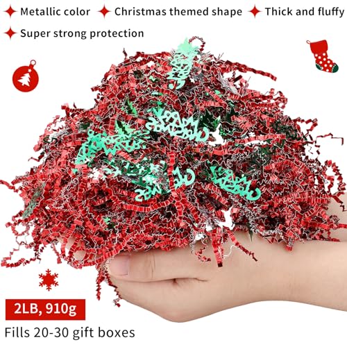 2lb Christmas Basket Stuffers Metallic Red Green Crinkle Cut Paper Shred Filler Merry Christmas Tree Snowflake Elk Confetti Packaging Raffia Stuffers