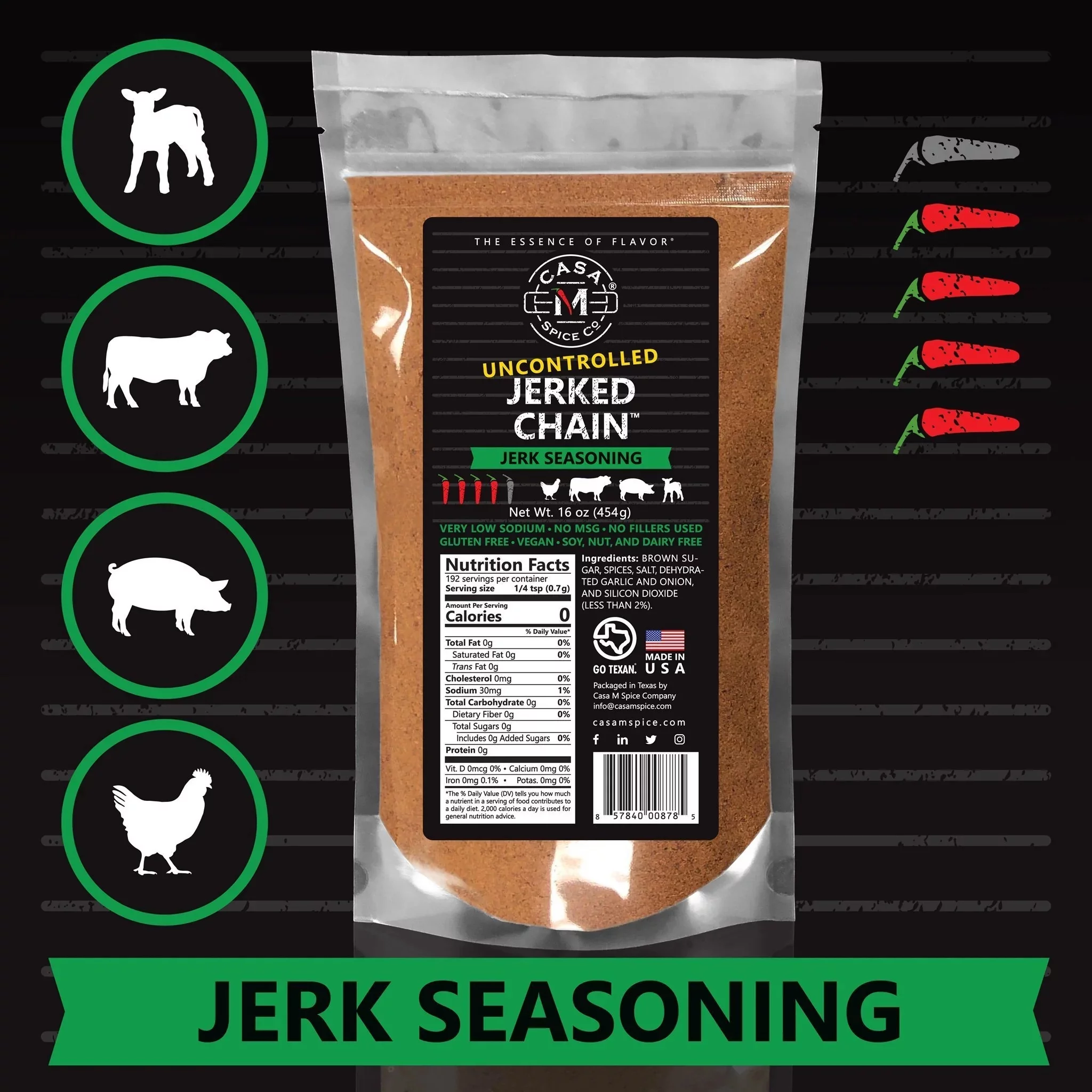Casa M Spice Co® Uncontrolled Jerked Chain® Jerk Seasoning — Jamaican Dry Rub Gourmet Caribbean Jerk Seasoning • Very Low Sodium • Low Salt • No MSG • Gluten Free • Jamaican Jerk Spices and Seasonings
