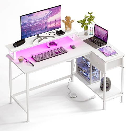Fixwal Gaming Desk for Bedroom L Shaped Small Corner Computer Desk with Power Outlets and LED Lights, PC Desk, Home Office Desks with Drawer, Writing Desk Study Desk, Rustic Brown