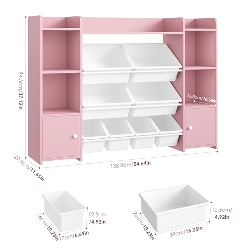 FOTOSOK 55''Large Toy Storage Organizer with 8 Toy Bins, Toy Organizers and Storage with Shelf and 6 Storage Cubbies, Bookshelf for Kids, Playroom Organization and Storage Bins, Pink