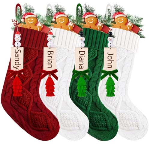 4 Pack Christmas Stockings Personalized, 18 Inches Large Knitted Stocking with DIY Snowman Tassel Name Tags for Family, Xmas Hanging Stocking for Mantel Fireplace Tree Decor, Red Green White