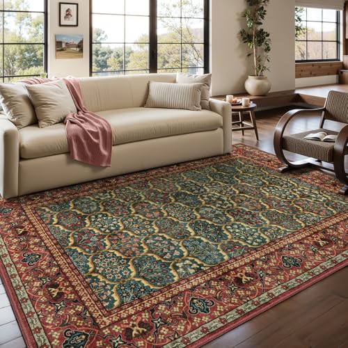 Lahome 8 x 10 Area Rugs for Living Room - Oriental Washable Non-Slip Large Rug Ultra-Thin Stain Resistant Dining Room Rugs for Under Table, Floral Vintage Print Carpet Rugs for Bedroom (Red, 8'x10')