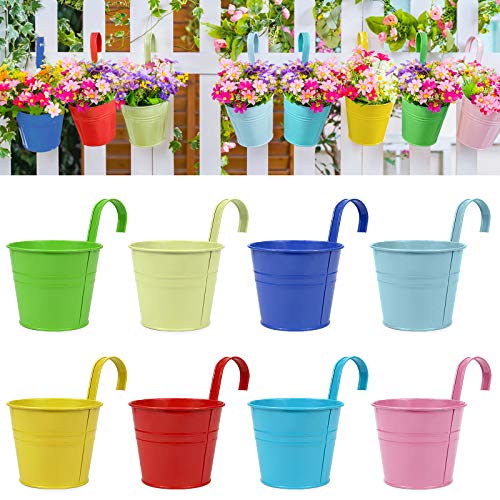 RIOGOO Flower Pots Metal Iron Hanging Flower Pots Garden Pots Balcony Planters Metal Bucket Flower Holders Wall Hanging Decor Pot- Detachable Hook (4 PCS) (Large)