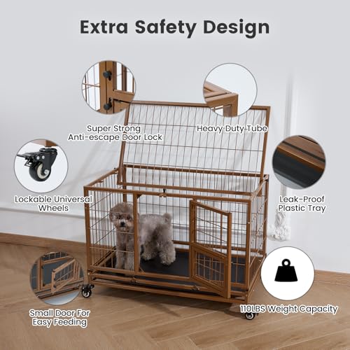 Gardner Pet 43 Inch Heavy Duty Dog Crate with Wheels, Folding Metal Dog Cage for Small/Medium and Large Dogs, Indestructible Dog Crate with Removable Tray (Black)