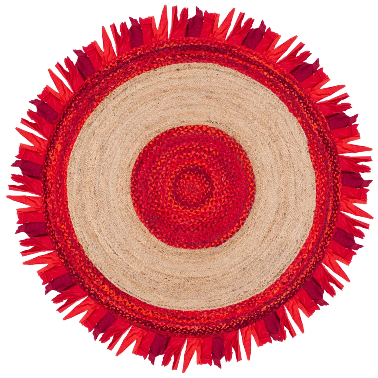 SAFAVIEH Cape Cod Susan Braided with Fringe Area Rug, 5' x 5' Round, Red/Natural