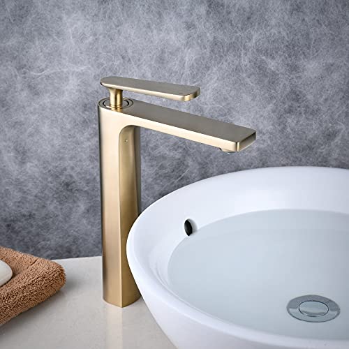 Vessel Sink Faucet and Drain Combo Brushed Gold, NEWRAIN Tall Bathroom Vessel Faucet Single Handle One Hole Lavatory Sink Bowl Mixer Tap with Pop Up Drain Without Overflow