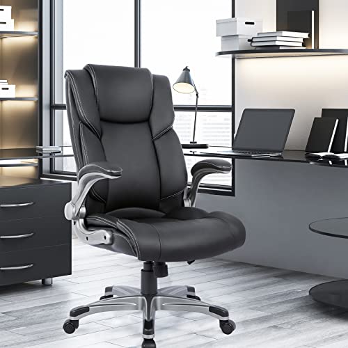 COLAMY Executive Office Ergonomic Chair with Thick Bonded Leather, Flip-up Armrests, High Back Adjustable Height and Tilt for Working, Study, Gaming