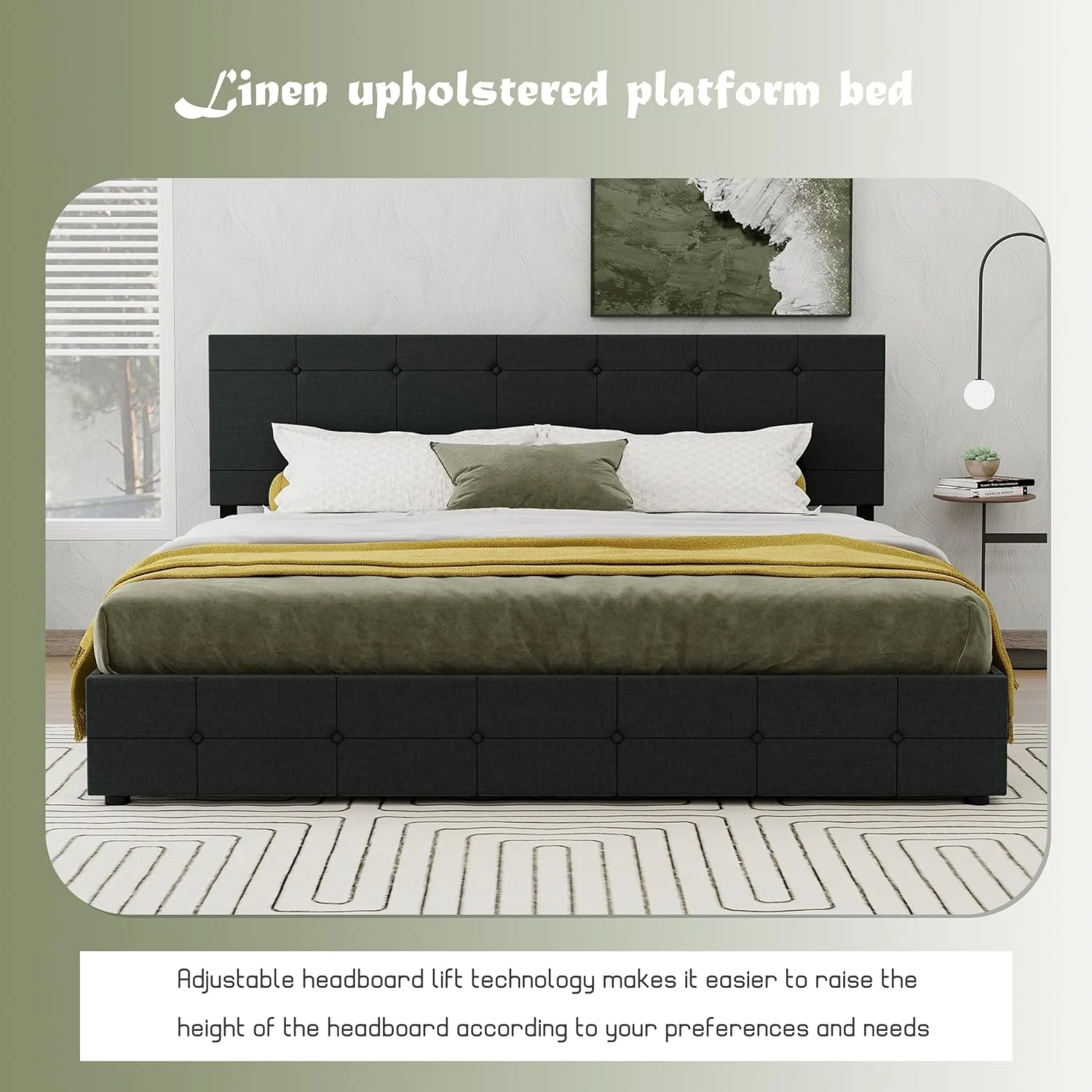 NNV Linen Upholstered Queen Size Platform Bed Frame with 4 Storage Drawers, Black