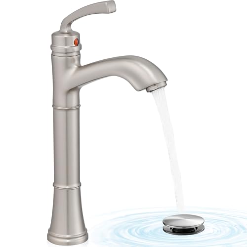 Brass Vessel Sink Faucet Brushed Nickel, Single Handle Tall Faucet for Bathroom Sink One Hole with Pop-Up Drain & Water Hoses, Save Water