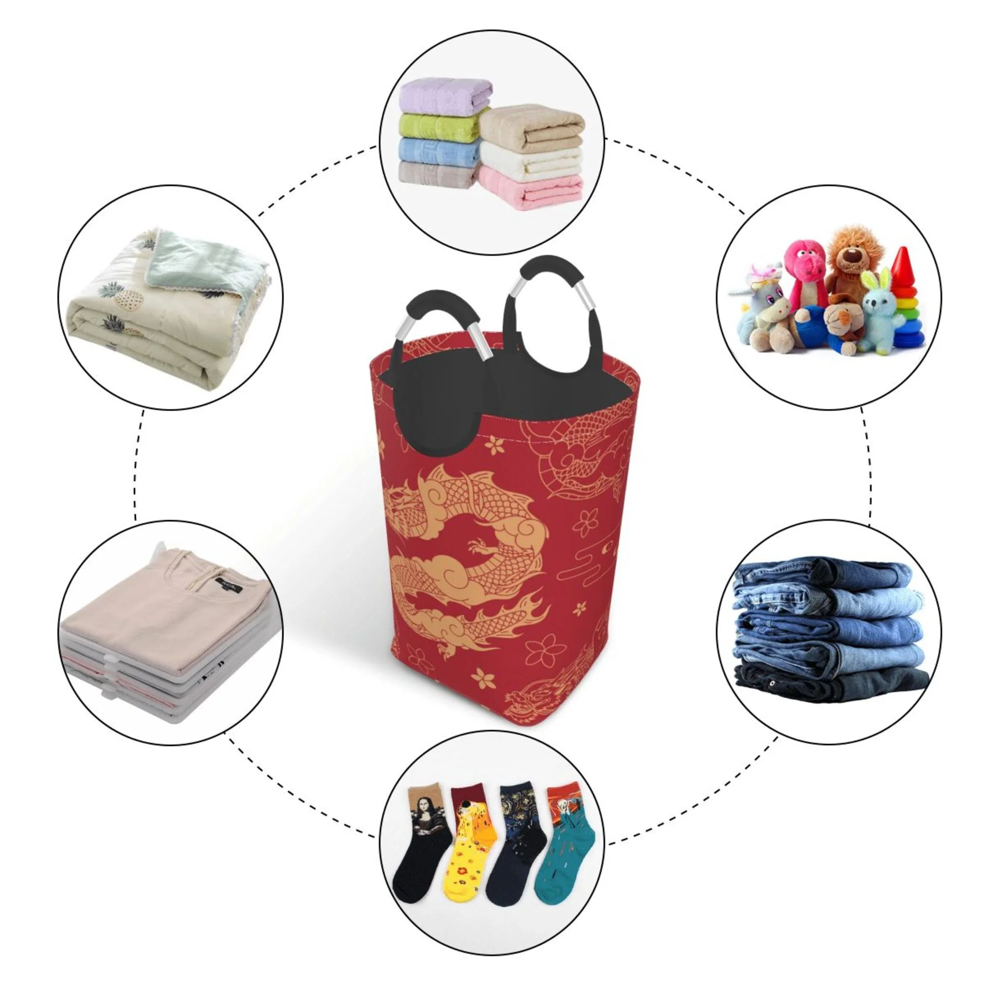 TEQUAN 50L Large Rectangular Laundry Hamper with Aluminum Handles, Red Chinese Dragon Prints Waterproof Foldable Dirty Clothes Basket