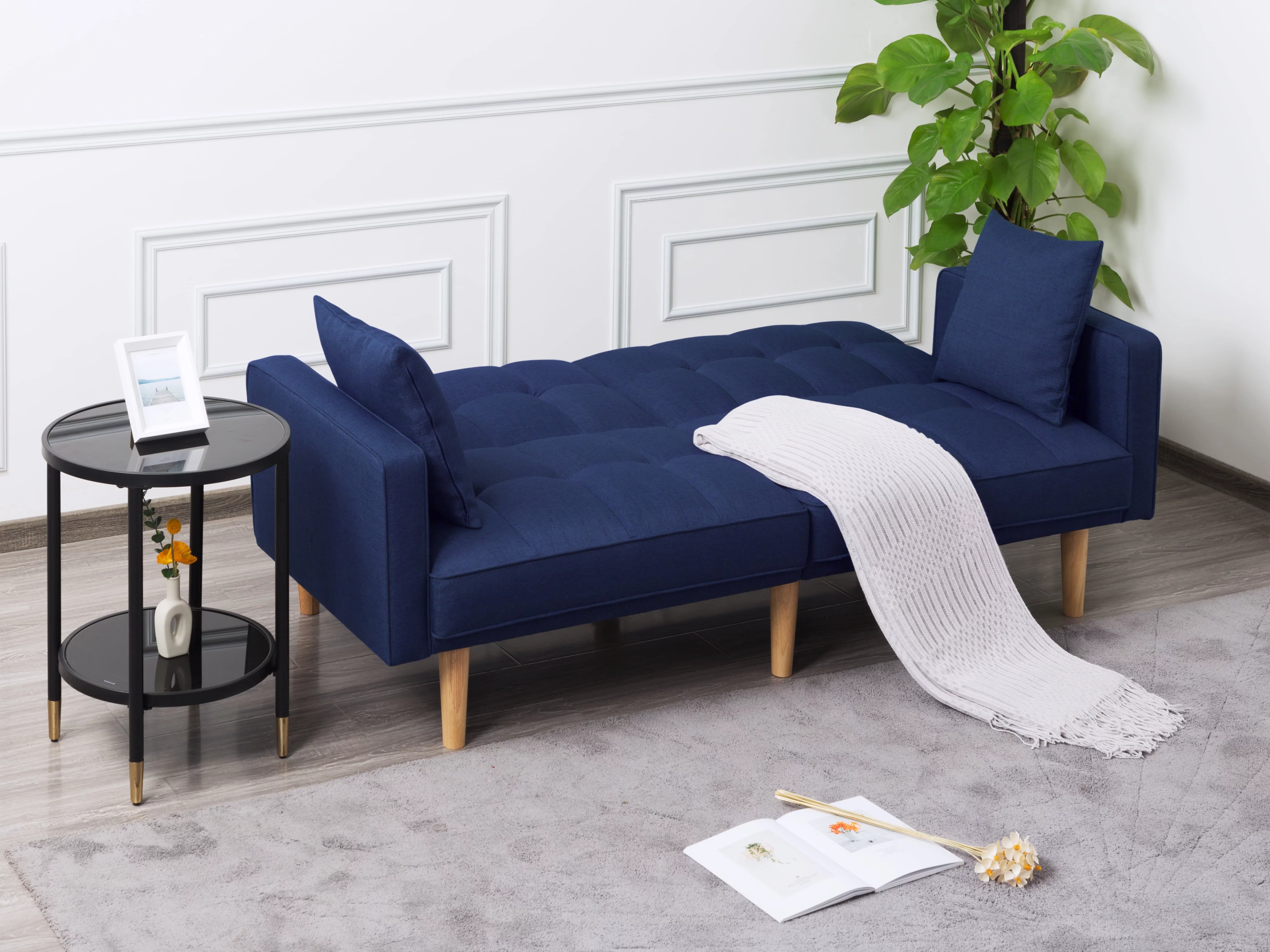 BSHTI 71.3 inch Futon Sofa Bed, Modern Convertible Sleeper Couch with 2 Pillows for Livingroom(Navy Blue)