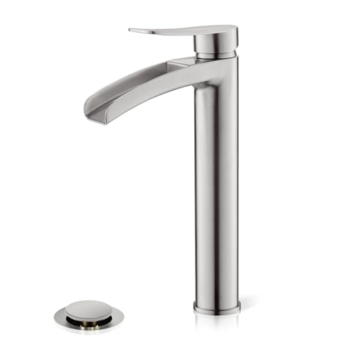 Phiestina Brushed Gold Tall Bathroom Vessel Sink Faucet, Single Hole Single Handle Waterfall Modern Bathroom Faucet, with Pop Up Drain and Water Supply Line, NS-SF01-BG-V