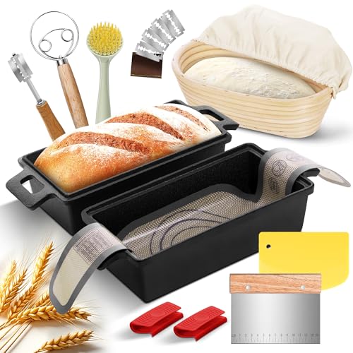 Cast Iron Loaf Pans for Baking Bread 9 x 5in, 2 Piece Pre-Seasoned Bread Pans for Homemade Bread, Includes Sourdough Bread Baking Supplies, Cast Iron Dutch Oven with Lid for Homemade Bread, Meat Loaf