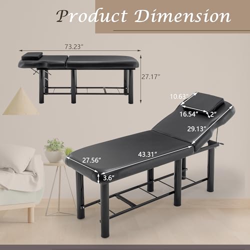 Professional Massage Bed 73 Inch, Treatment Table Salon with Removable Headrest, Faux Leather Stationary Physical Therapy Table, Spa Facial with Adjustable Backrest, Steel Frame, Black