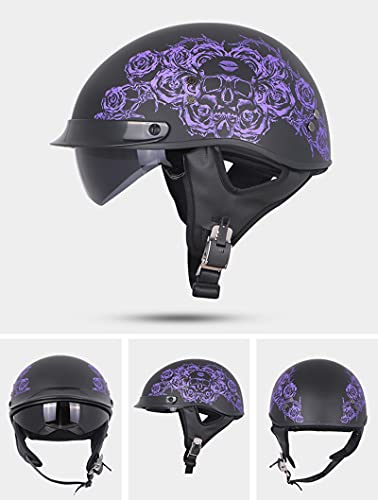 qloijnv Motorcycle Helmet Motorcycle Half Helmet, Half Open Helmet Motorcycle Half Helmet Sun Visor Quick Release Buckle DOT Approved Half Face Helmets for Men Women