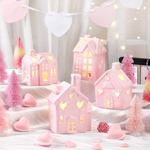 Cindeer 12 Pcs Pink Christmas Ceramic Village Decorations 4 Lighted Ceramic House Figurines and 8 Mini Pine Trees with Base Pink Table Centerpiece for Christmas Valentine Holiday