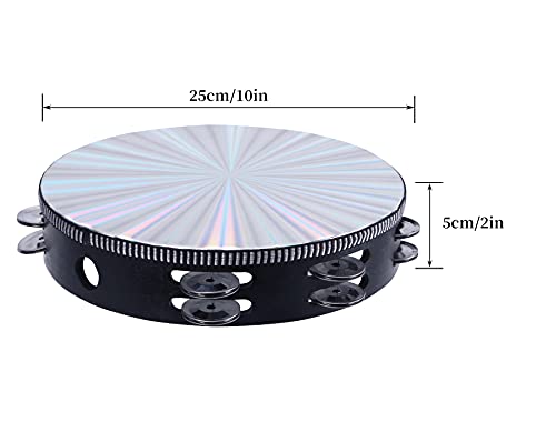 Radiant Tambourines, 10 inch Tambourine with Double Row Jingle Reflective Hand Drum Percussion Handheld Drum Bell Musical Instrument Hand Held Percussion for Adults Church, KTV, Party, Games
