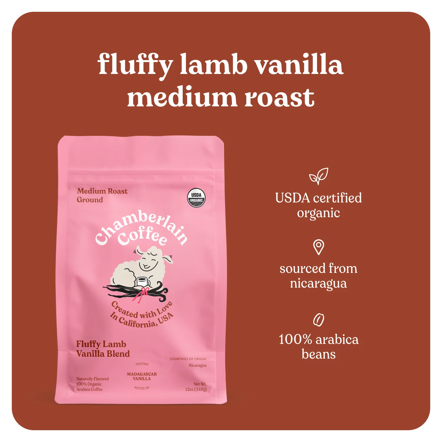 Chamberlain Coffee, Fluffy Lamb Vanilla Medium Roast Grounds Bag, Naturally Caffeinated, 12 oz
