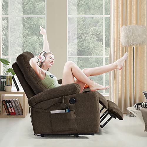 Lift Recliner Chair for Elderly,Power Vibration Massage Heated Arm Chair 2 Cup Holders,USB Charge Port,Fabric Single Sofa Seat Chair with 2 Side Pockets,Ergonomic Lounge Chair for Living Room (Brown)