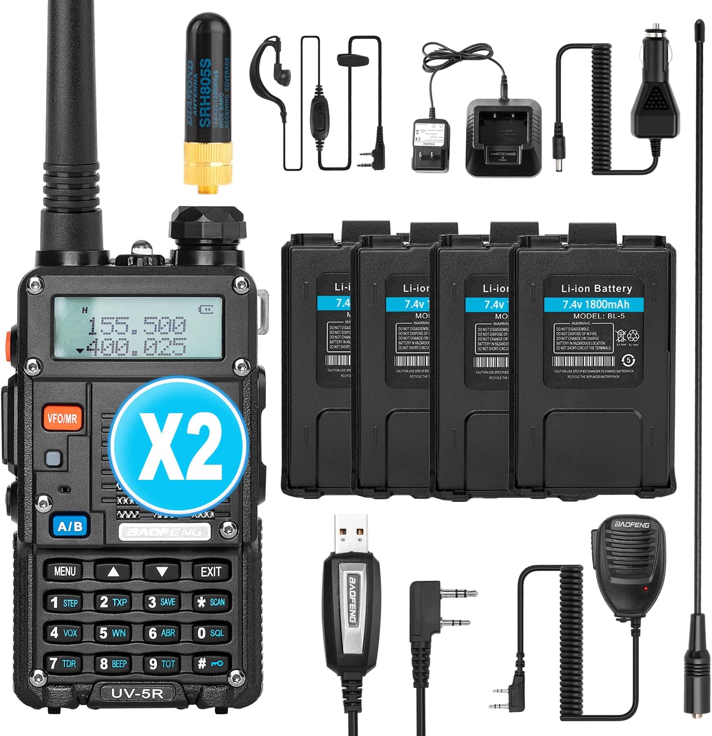 BaoFeng Ham Radio (UV-5R Pro) Walkie Talkie with 2 Rechargeable Battery, Dual-Band 2-Way Radio Handheld Walkie Talkies Complete Set with Earpiece and Programming Cable (Pack 1)