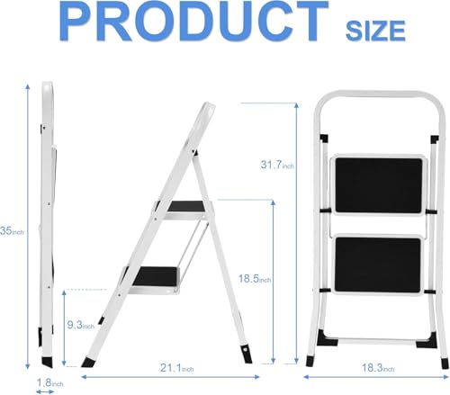 Soctone Step Ladder 2 Step Folding with Anti-Slip Pedal, Lightweight 2 Step Ladder with Handrails, 330 lbs Capacity Perfect for Kitchen & Household, White