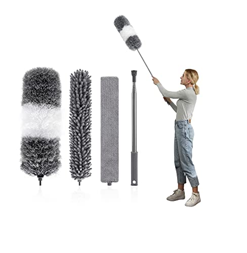 6PCS Microfiber Feather Duster Kits - Extendable & Bendable Dusters with Long Extension Pole, Washable Lightweight Dusters for Cleaning Ceiling Fan, High Ceiling, Blinds, Furniture, Cars