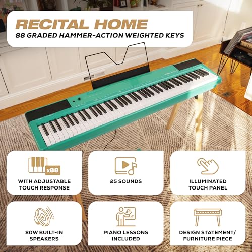 Alesis Recital Home Digital Piano with 88 Hammer Action Weighted Keys, Stand, Pedals and Lessons, Turquoise