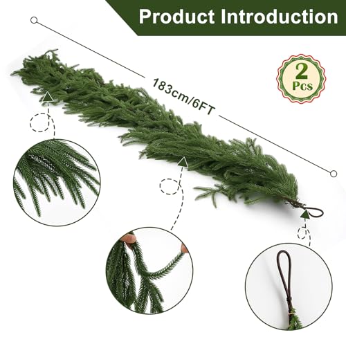 9FT Artificial Norfolk Pine Garland, Realistic Christmas Greenery Garland for Mantle, Staircase, Banister, Fireplace, Wall, Door, Table, Indoor & Outdoor Holiday Xmas Decortions