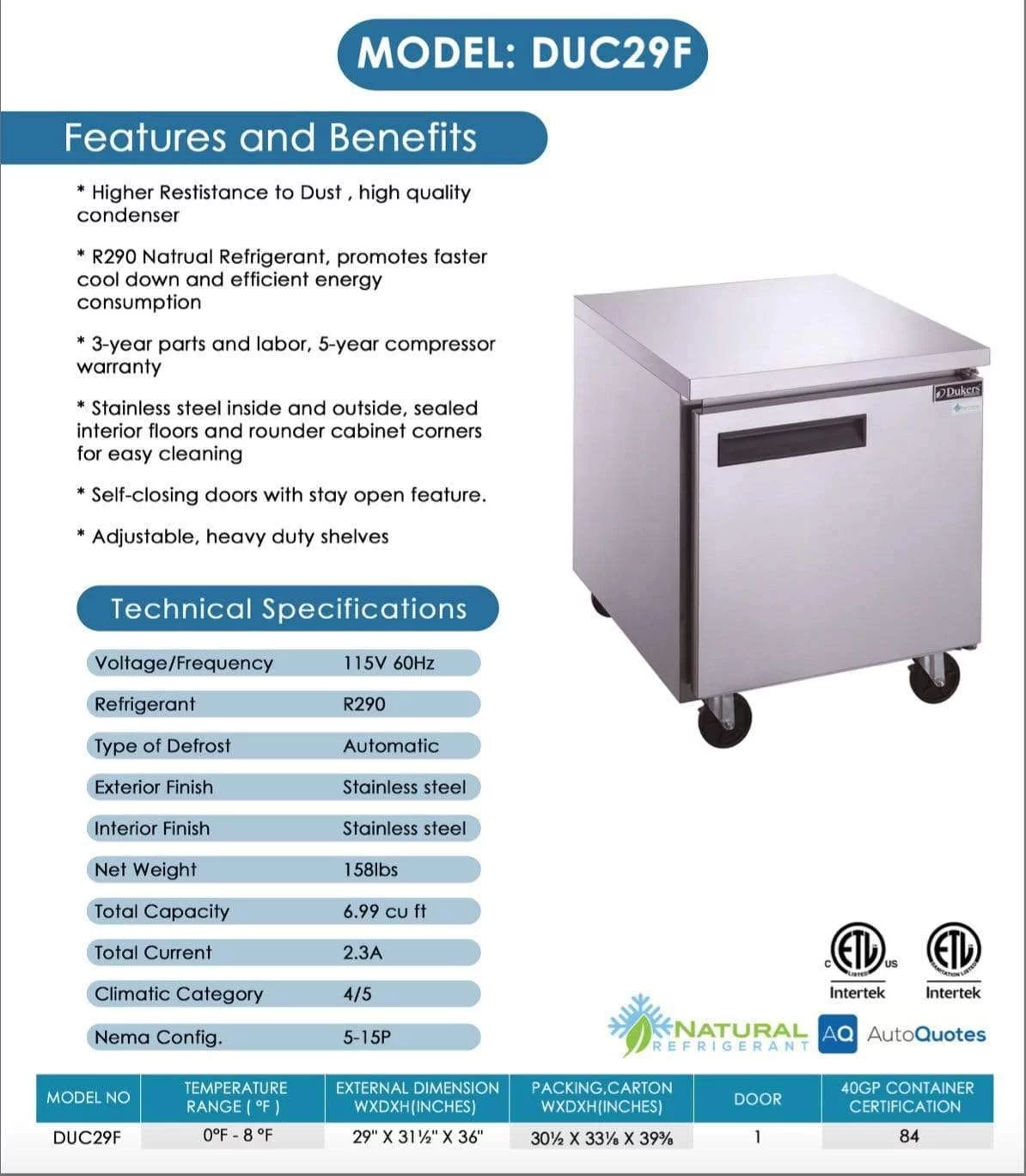 Dukers - DUC29F Single Door Undercounter Freezer in Stainless Steel