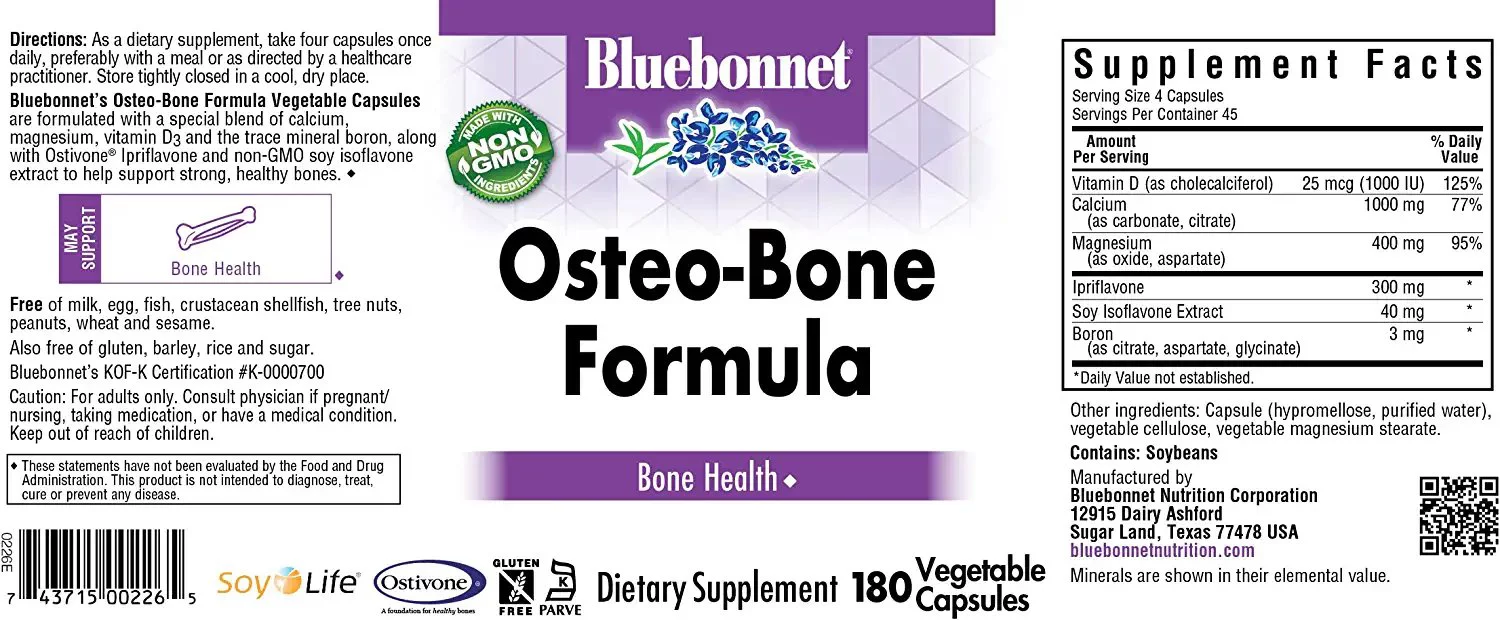 BlueBonnet Osteo-Bone Formula Vegetarian Capsules, 180 Count