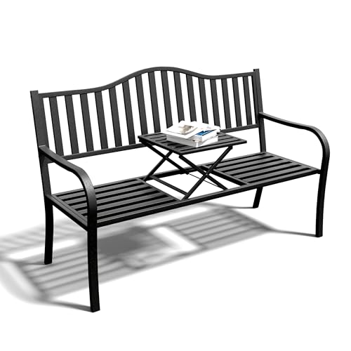 SHGJ&SOFT Outdoor Bench, Garden Bench, Cast Iron Metal Frame Patio Park Bench with a Small Table, for Porch, Lawn, Garden, Yard (D2644BK-1)