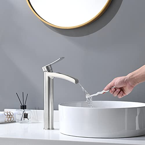 Phiestina Brushed Gold Tall Bathroom Vessel Sink Faucet, Single Hole Single Handle Waterfall Modern Bathroom Faucet, with Pop Up Drain and Water Supply Line, NS-SF01-BG-V