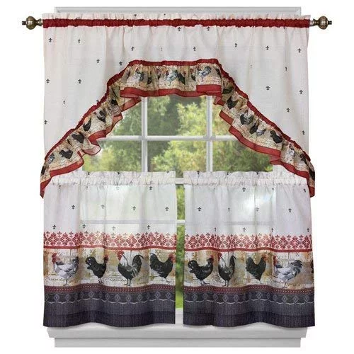 Achim Home Furnishings ROTS36BU12 Rooster Tier and Swag Set, 57" x 36", Burgundy 57" x 36" NEW
