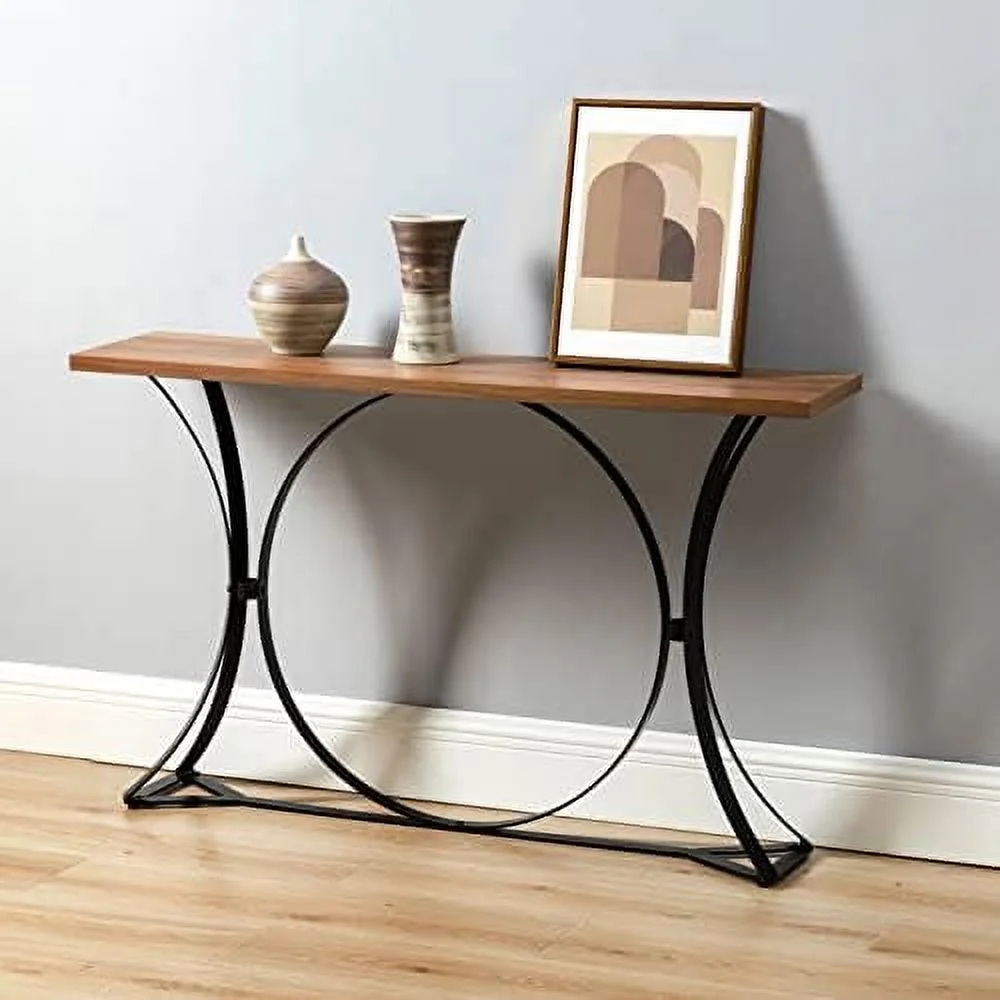 Rustic Wood Console Table Unique Circle-Shape Entryway Tables Contemporary Solid Wood Sofa Table with Sturdy Metal Frame for Living Room Bedroom Accent (X Type-Brown)