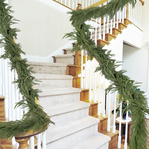 12ft Realistic Christmas Garland Decorations - 1pcs Upgraded Real Touch Greenery Artificial Norfolk Pine Cedar Garland for Fireplace Mantle Table Window Stair Holiday Home Decor