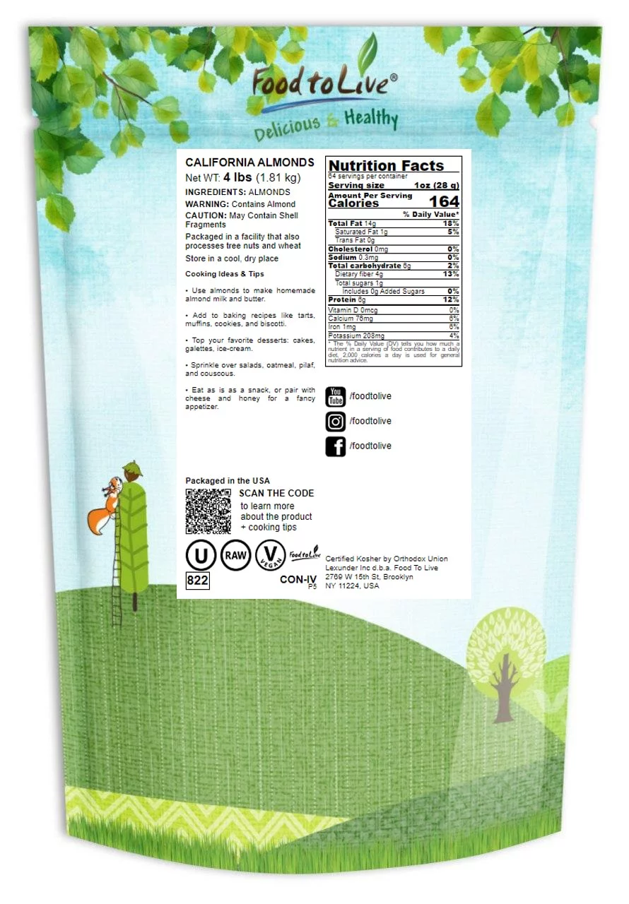 Food to Live, California Almonds, 4 Pounds, Kosher