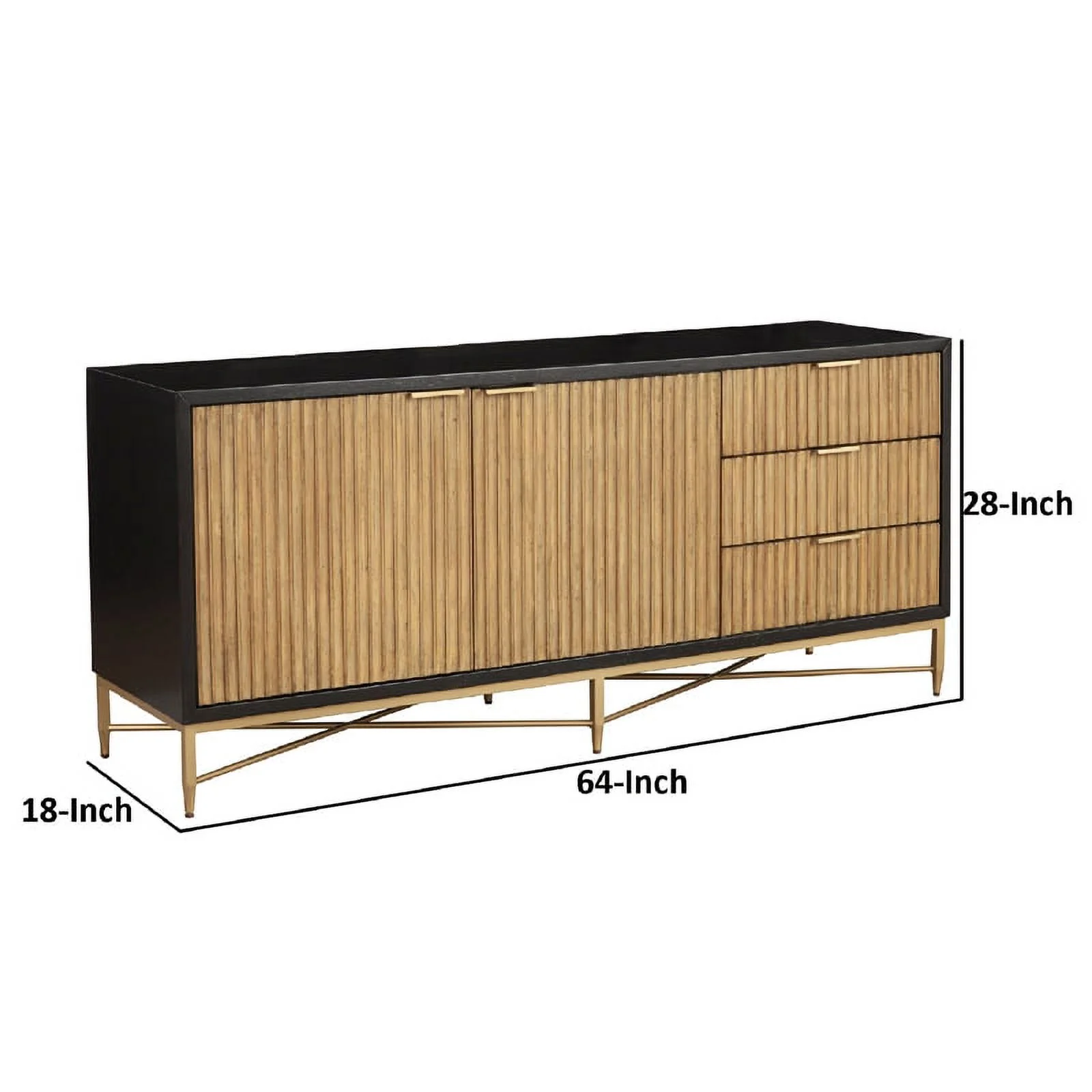 Benjara Eli 64 Inch TV Media Entertainment Center Console, 3 Drawers, Black, Gold