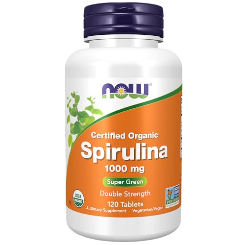 NOW Foods Organic Spirulina 1000mg Tablets - 300 Count - Non-GMO, Super Green Whole Food Supplement - Double Strength 1000 mg - Naturally Occurring Beta-Carotene (Vit A), B-12 and GLA