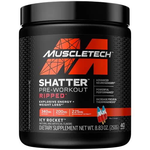 Pre Workout + Weight Loss MuscleTech Shatter Ripped Pre-Workout Pre Workout for Men & Women PreWorkout Energy Powder Drink Mix Energy + Weight Loss Formula Rainbow Candy (40 Servings)