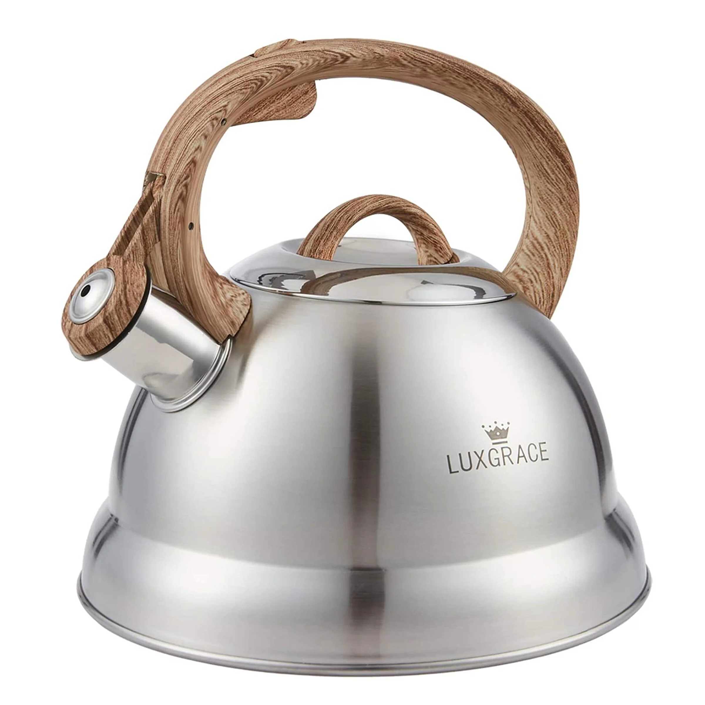 EVCO International Inc. Creative Home 2.3 Qt. Stainless Steel Whistling Tea Kettle Teapot with Ergonomic Wood Rubber Touching Handle, Satin Finish