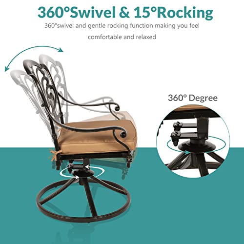 MEETWARM 3-Piece Outdoor Patio Dining Set, All-Weather Cast Aluminum Patio Conversation Set for Backyard Garden Deck with 2 Cushions Swivel Rocker Chairs and 31