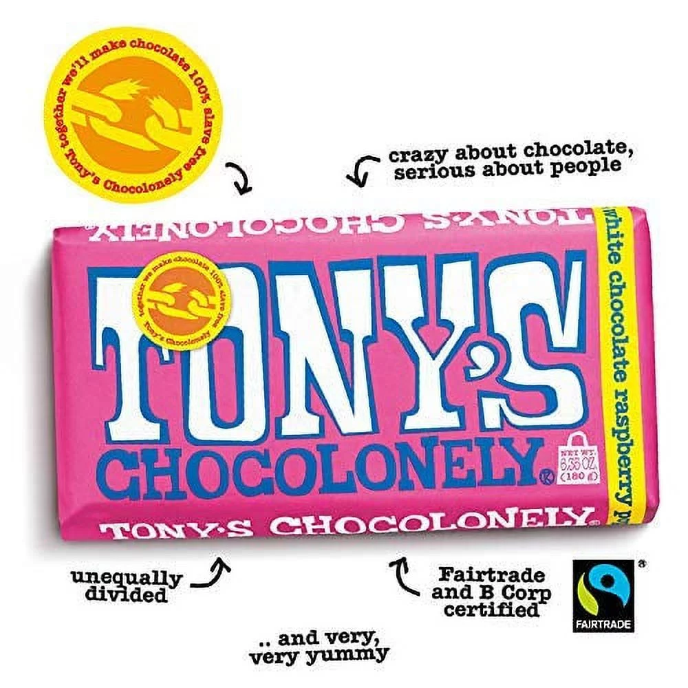 Tony's Chocolonely White Chocolate Raspberry Popping Candy, 6.35 Ounce, Pack of 4 Chocolate Bars