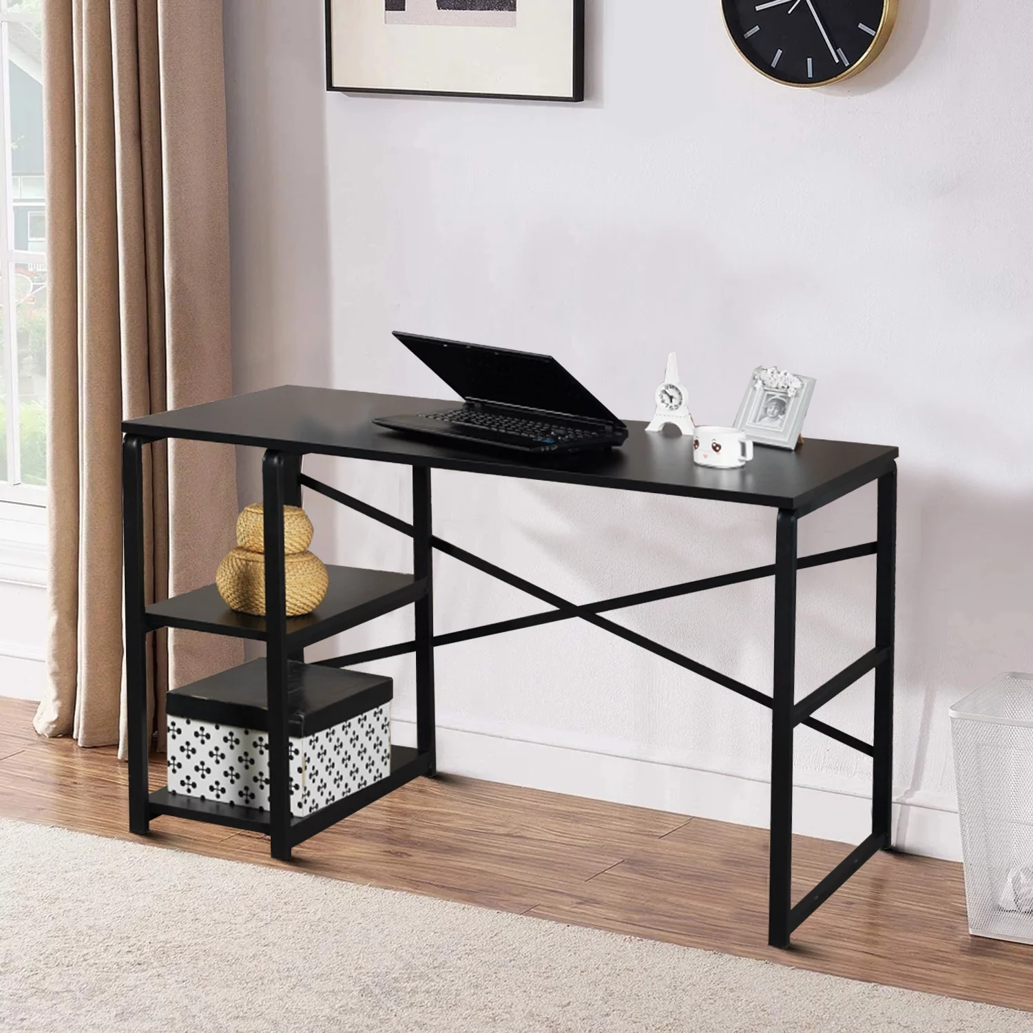 Minimalist and Spacious Computer Desk with 2 Shelves and Black Metal Frame for Home, Office, Black