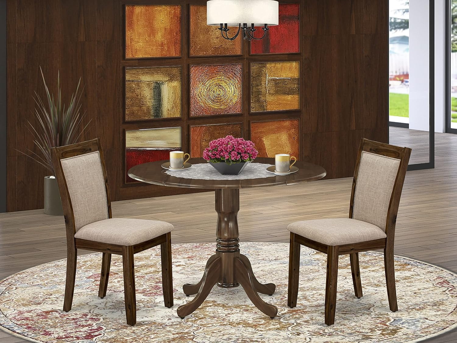 3 Piece Dinette Set For Small Spaces Contains A Round Table With Dropleaf And 2 Light Tan Linen Fabric Parsons Dining Chairs, 42X42 Inch