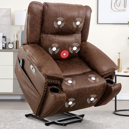 Phoenix Home Dual Motor Power Lift Chair for Elderly, Lift Chairs with Massage and Heat, Leather Electric Chairs for Adults, Recliner Chair with USB, 2 Concealed Cup Holders, Brown