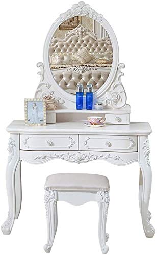 Luxury Dressing Vanity Table w/Stool for Bedroom, 2 in 1 Makeup Vanity Desk European Style Dressing Table Mini Dressing Desk Solid Carved Table with Stool(100cm)
