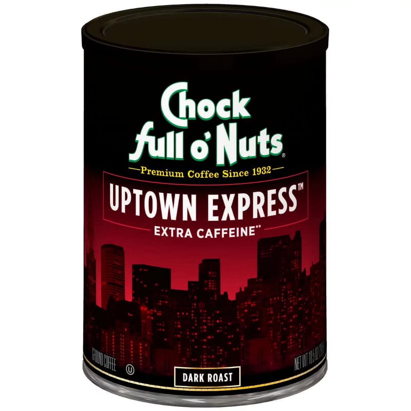Chock Full oNuts Uptown Express Ground Coffee, Dark Roast  (10.5 Oz. Can)  Extra Caffeine  Bold, Full-Bodied and Intense Flavored Dark Blend