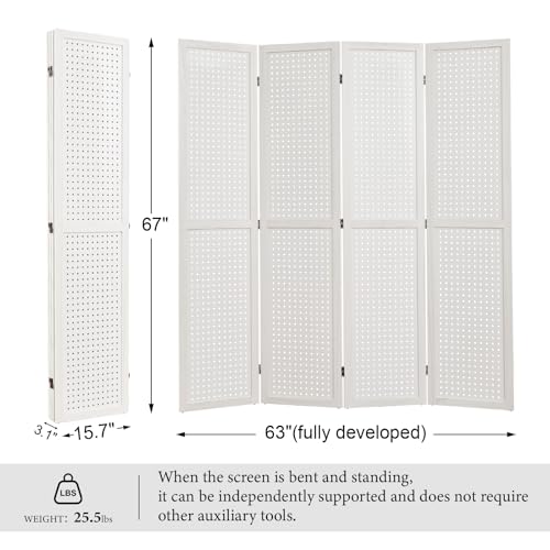 Pegboard Display, 5.6Ft Wooden Room Divider Folding Privacy Screens Portable Freestanding Wall Organizer for Retail Craft Art Display Board (4panels, Natural)