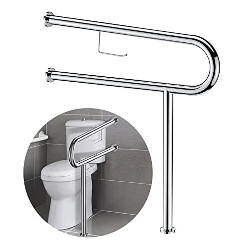 Toilet Grab Bar for Elderly,24Inch Height Adjustable and Flip Up Handicap Grab Bars for Bathroom, Aluminum Alloy Floor to Wall Toilet Safety Rails for Disabled Elderly Pregnant Woman