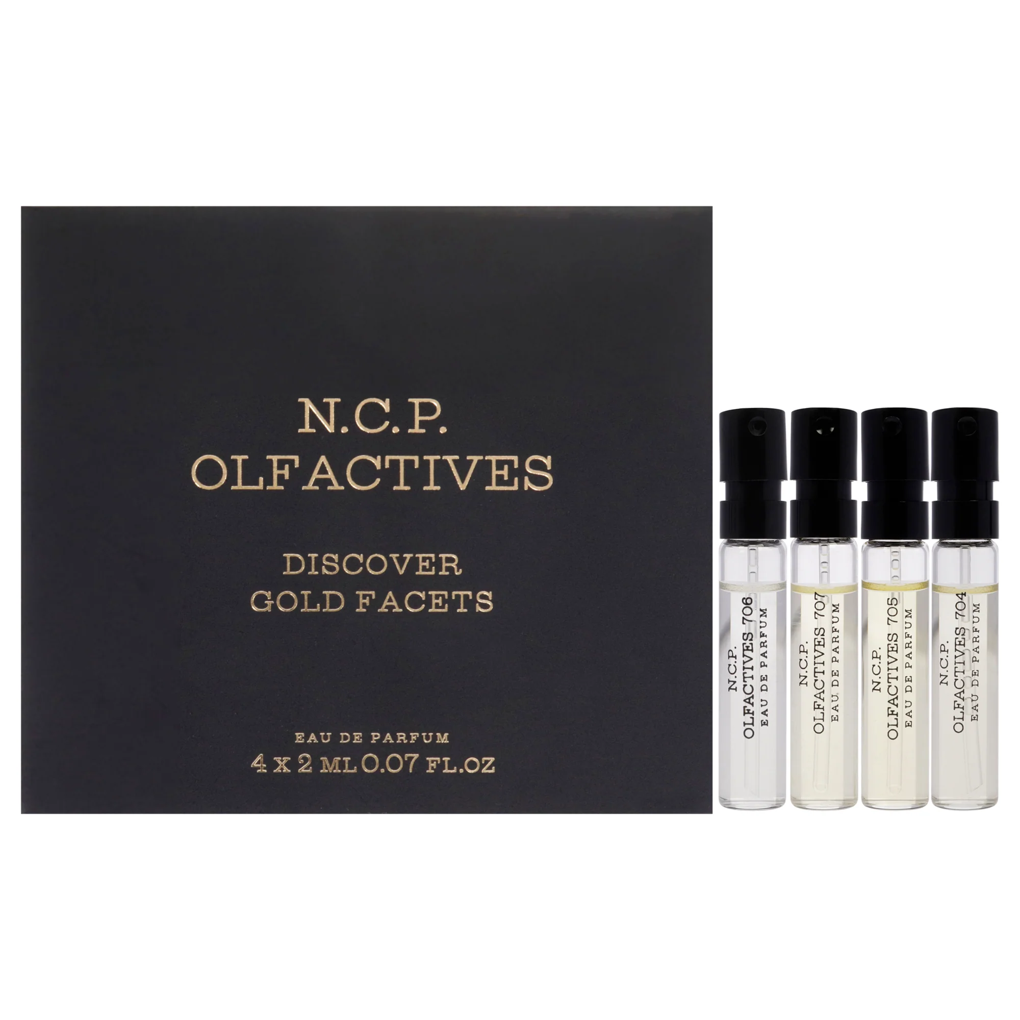 Discover Gold Facets Kit by NCP for Unisex - 4 x 2 ml Olfactive Facet - 704 Incense and musk EDP Spray, Olfactive Facet - 705 Leather and oud EDP Spray, Olfactive Facet - 706 Saffron and oud EDP Spray, Olfactive Facet - 707 Patchouli and oud EDP Spra